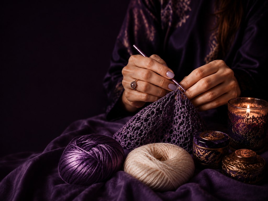 Feni Privé — mains de l'artisane crochetant une dentelle parme à la lueur d'une bougie