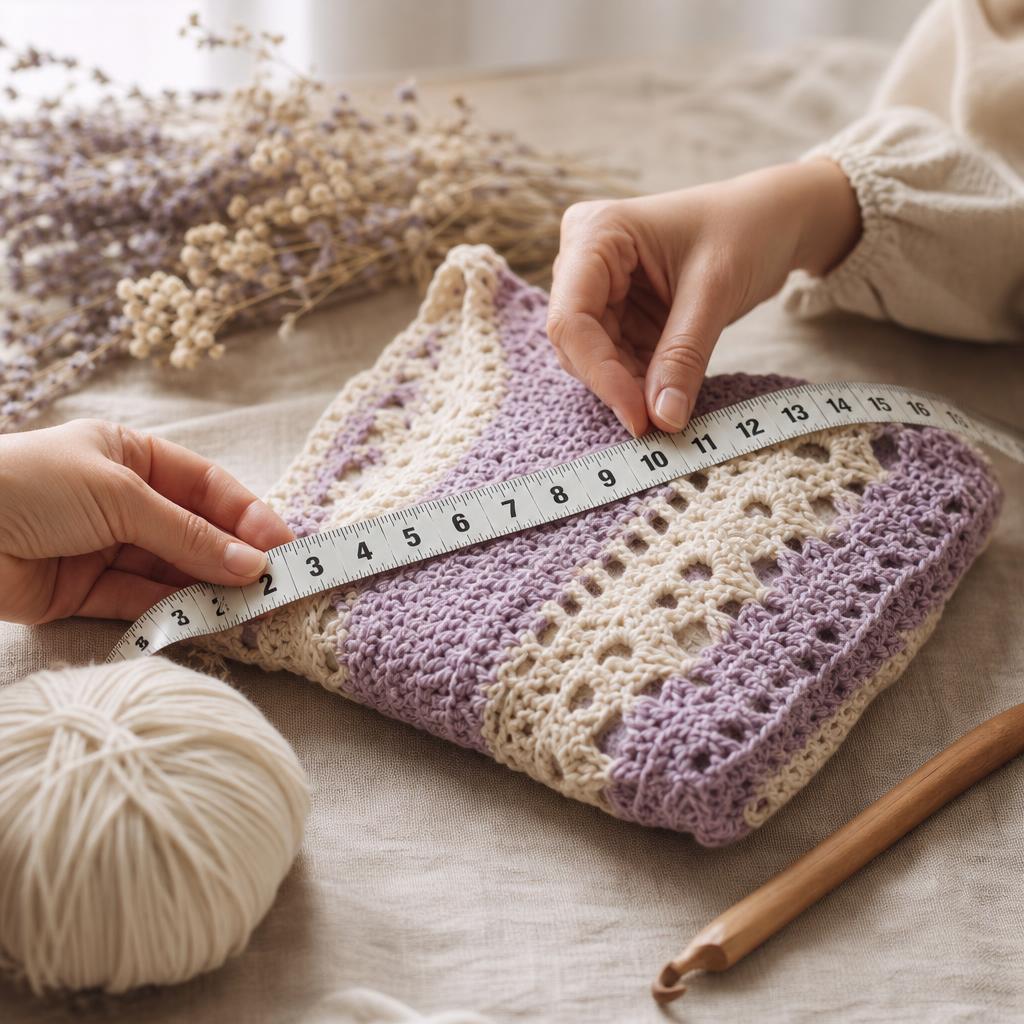 Prise de mesures à distance pour vêtement crochet sur-mesure — mètre ruban posé sur une pièce en crochet crème et lavande — Feni Privé